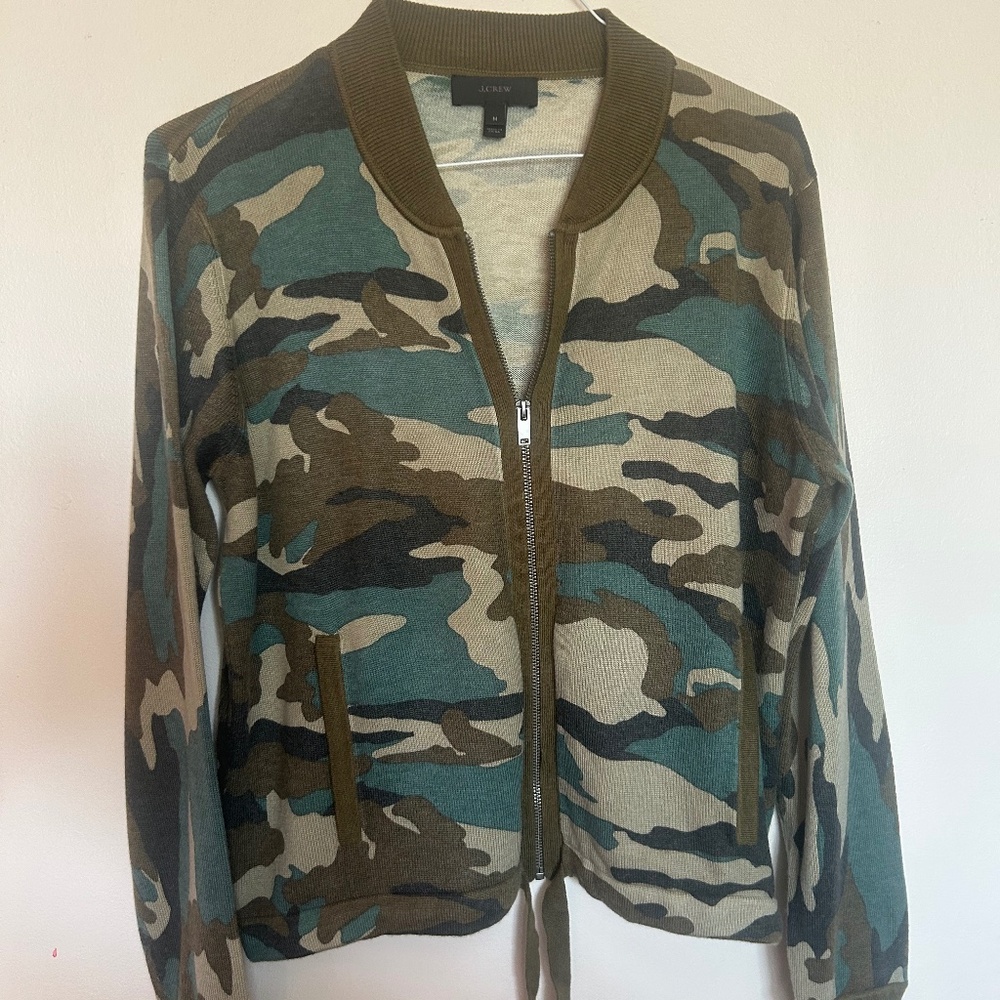J. Crew  Military Chic Women's Camouflage Full Zip w/Drawstring Sweater  Sz M